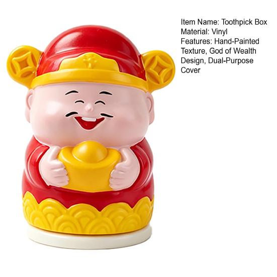 Toothpick Box Covered Dust-Proof Moisture-Proof Storage Box with Hand-Painted God of Wealth Design Red Robe Gold Crown Fortune Decorative Holder