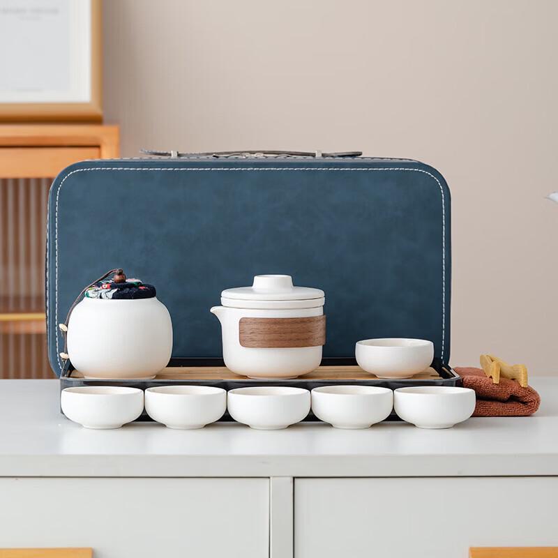 Portable Rough Pottery Travel Tea Set with Blue Leather Carry Bag