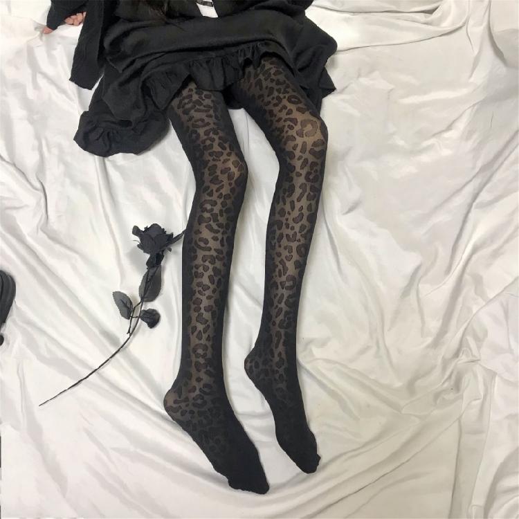 Japanese Harajuku Leopard Pantyhose Women Sexy Black Jacquard Patterned Tights