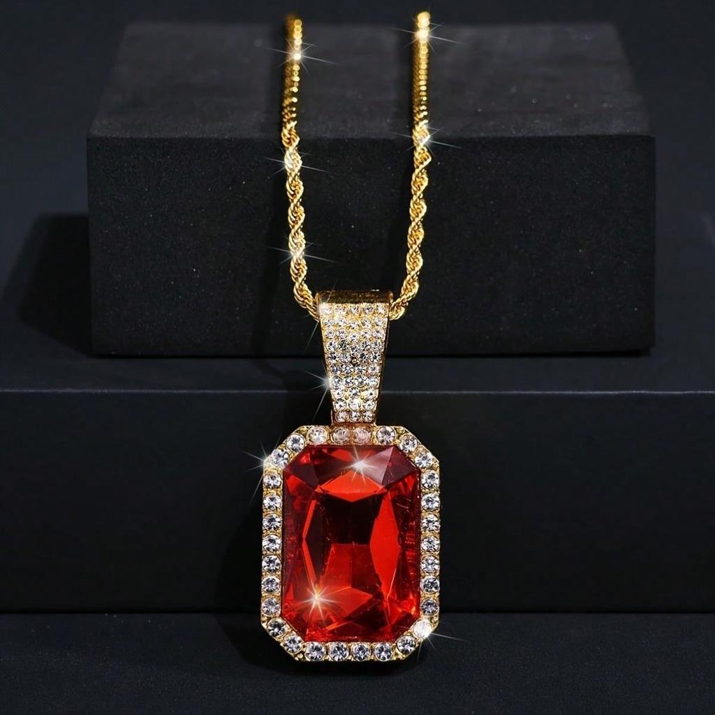 Fashion Red Rhinestone Pendant Necklace For Men with Zircon Cuban Chain Iced Out Bling Hiphop Necklaces Rock Biker  Gifts