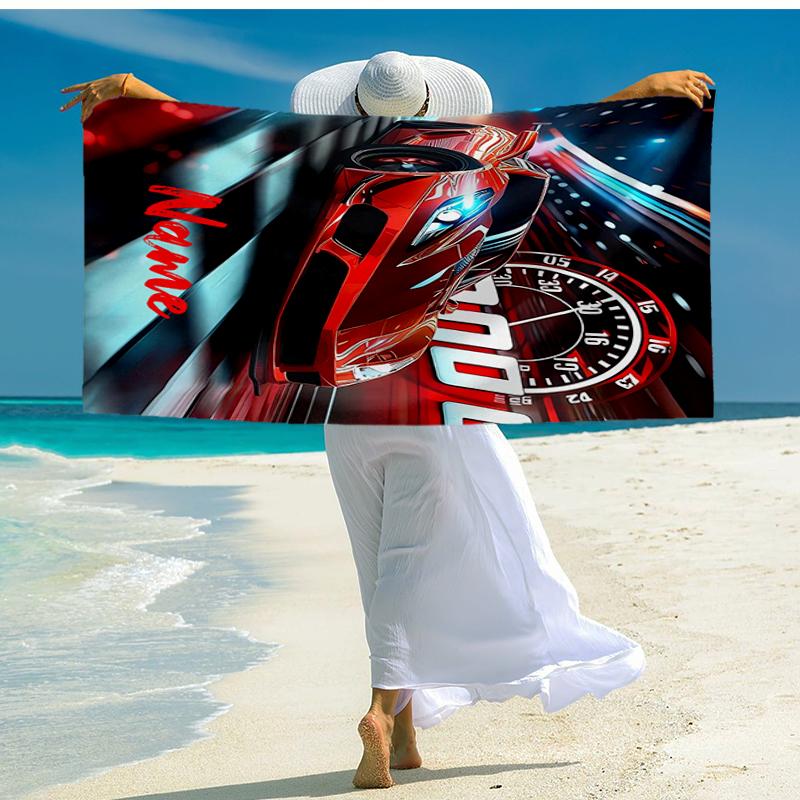 Custom Name Ultra-Soft Beach Towel with Racing Theme,Ideal for Pool - Camping, Diving - Perfect Travel Essential, Vibrant Beach Towel.