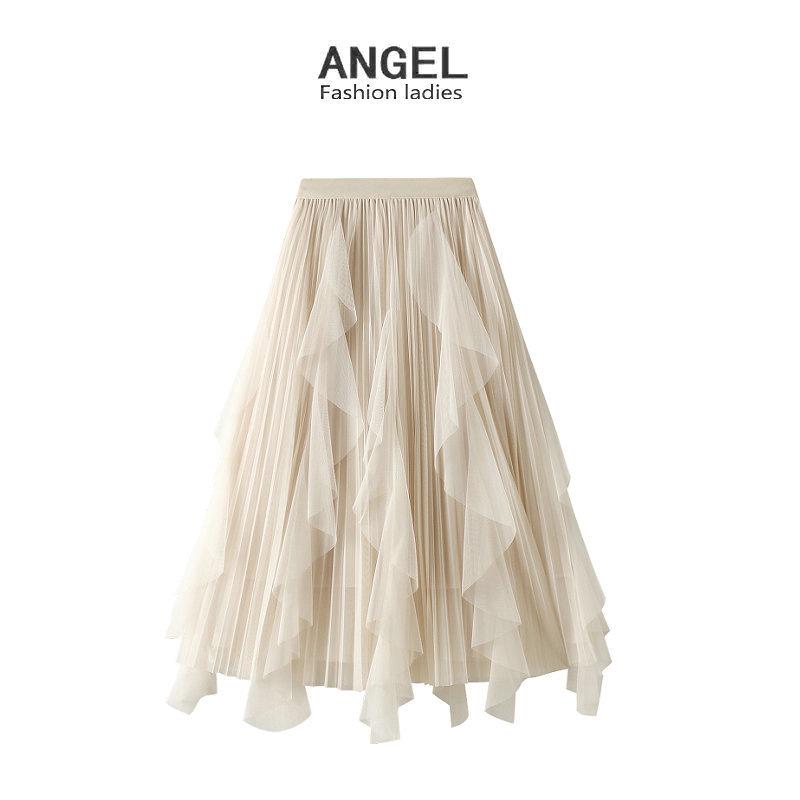 

High Waist Ruffle Patchwork Mesh Midi Skirt for Women One Size