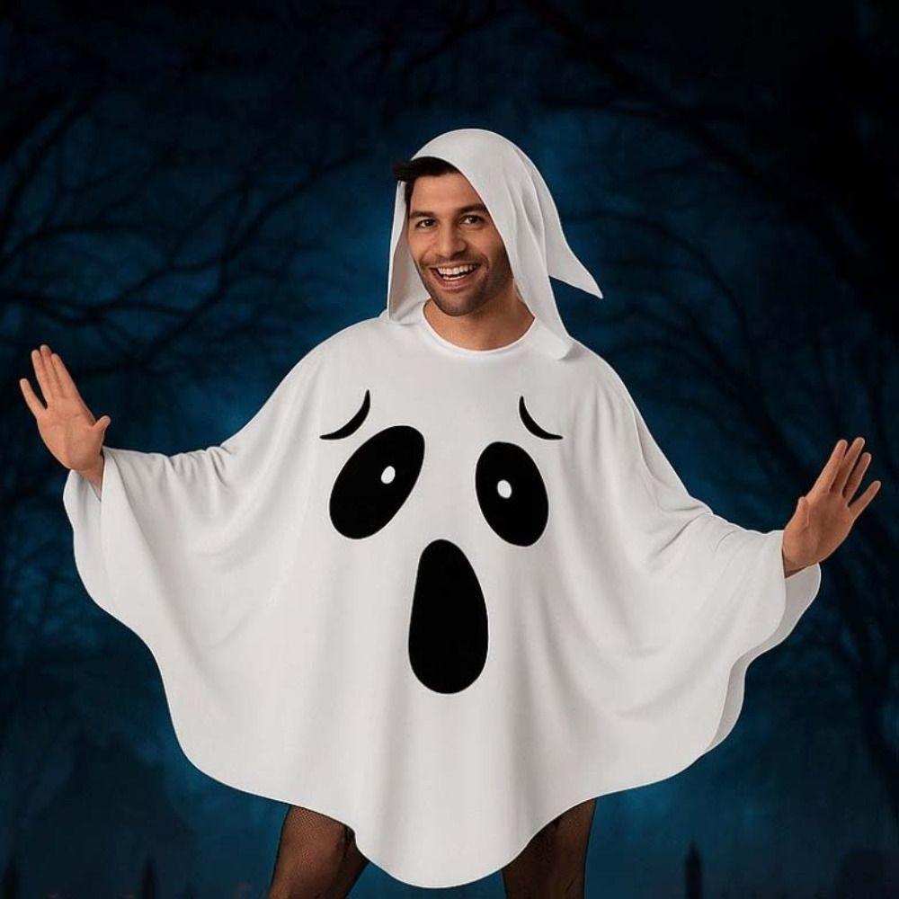 White Halloween Cloak Cape Black Eye Ghost Cosplay Costume Creative Design Pumpkin Cloak  Women