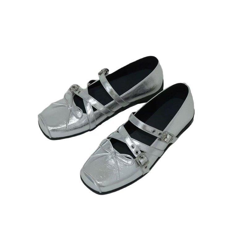 

Cowhide version~ Spring and Autumn bow square head one-word buckle Mary Jane small leather shoes women s flat single shoes shallow jk shoes 40 серебряный