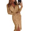 New Women's Shiny Gold Foil Print Long Sleeve V-neck Sexy Evening Party Dress