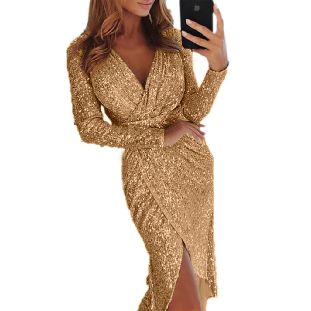 New Women's Shiny Gold Foil Print Long Sleeve V-neck Sexy Evening Party Dress