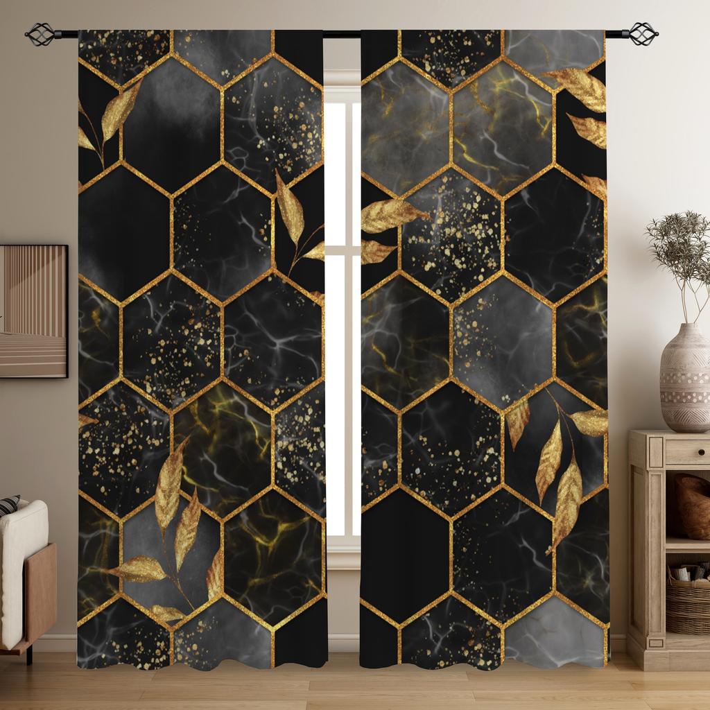 2pcs Modern Abstract Black Golden Marble Living Room Curtain Decor Digital Printing Living Room Curtain Grommet Top Curtain
