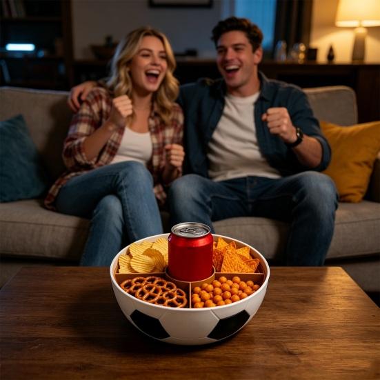 Football Snack Bowl with 5 Compartments, Large Capacity Food Tray Cup Holder, Fruits Candy Beverage Organizer Container for Soccer Party, Game Day