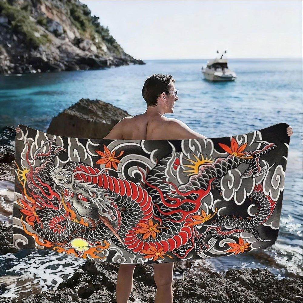 Black and Red Dragon Tattoo High-Definition Digital Print Beach Towel,Perfect Halloween and Christmas Digital Print Beach Towels