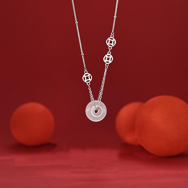 Copper Coin Safety Buckle Necklace Women'S Light Luxury Country Tide White Chalcedony Pendant Coin Hetian Jade Collarbone Chain Gold