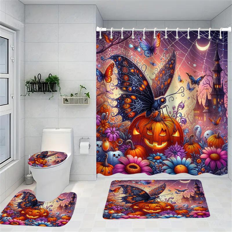 Halloween ghost Skull Pattern Shower Curtain Bath Sets Waterproof Non-Slip Bathroom Rug Toilet U With 12 Hooks Home Deco