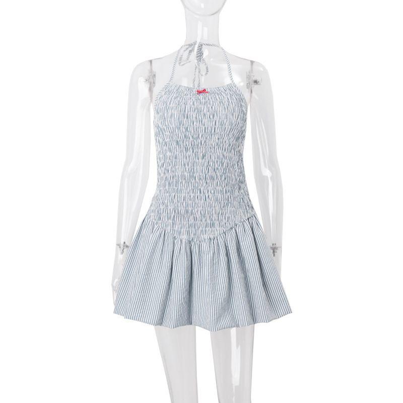 

INS Fashion Style 2024 Summer New Arrival Sweet and Spicy Bows Smocking Halterneck Lace-up Waist-Controlled Tulle Tutu Dress Female Blue L