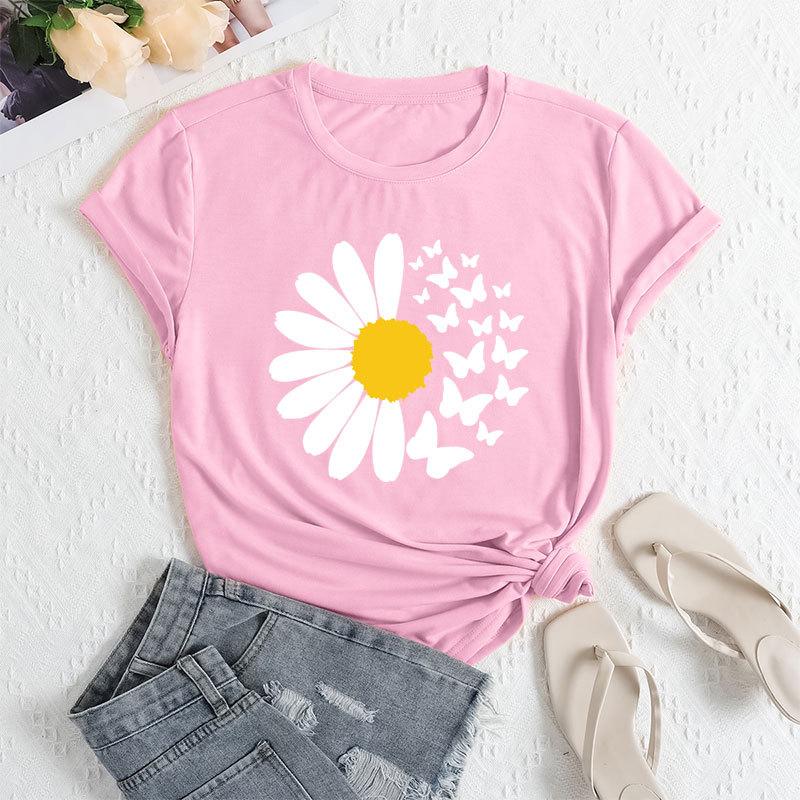 Summer Women's Daisy Butterfly Print Loose Round Neck Casual Pure Cotton Short Sleeved T-shirts Women's