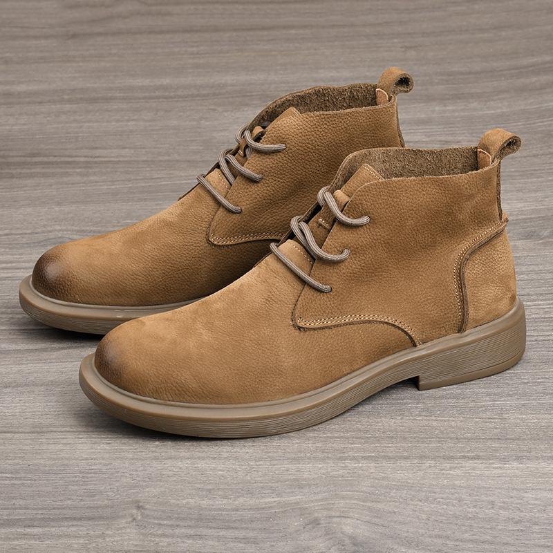 Autumn Men's Wide-Toe Casual Leather Martin Boots - Retro Lace-Up Mid-Top Cotton Shoes