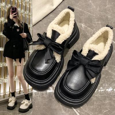 Winter British Style Bowknot Small Leather Shoes Female New Fashion Plush Warm Cotton Shoes Women Mary Jane Shoes