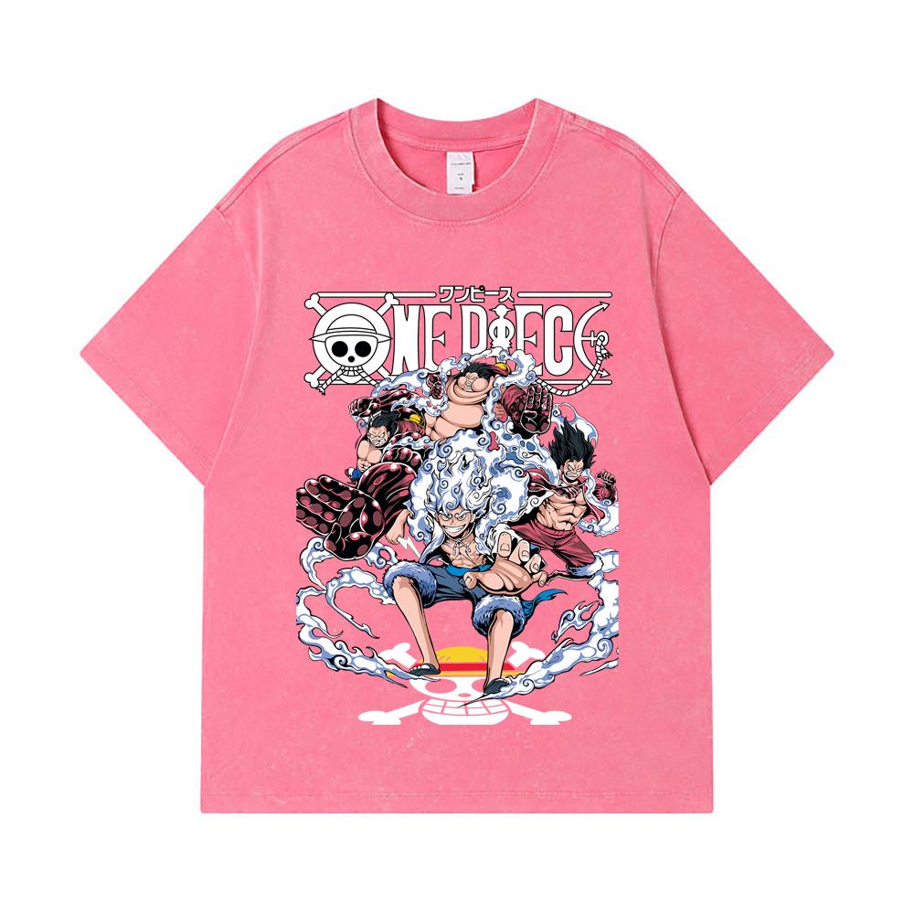 275 GSM Washed T-shirts 100% Cotton One Piece V30 Luffy Gears Print Unisex Heavy Cotton T Shirt