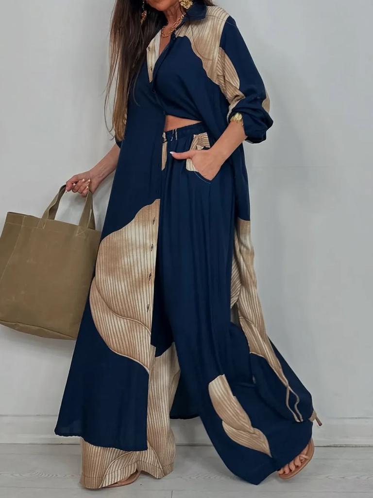 Frühling Neue Damenmode Lässig Colorblock Locker Hemd Oberteil Hosen Set