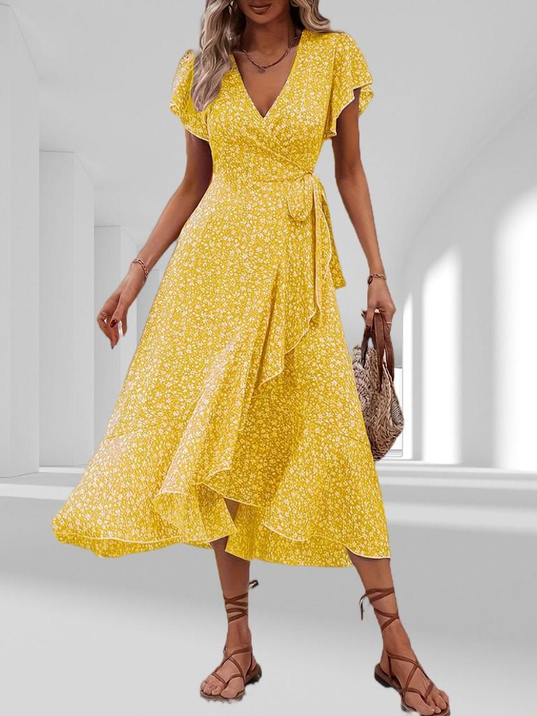 Bohemian V-Neck Belted Wrap Maxi Dress for Women