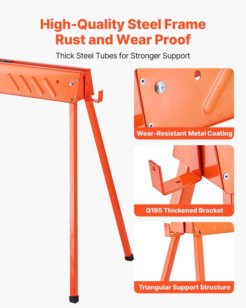 Saw Horses, 2 Pack Folding Work Horses, 299.4 Kg Load Capacity Sawhorse with Heavy Duty Legs, All-Metal Portable Saw Horse with Non-Slip Foot Pads,