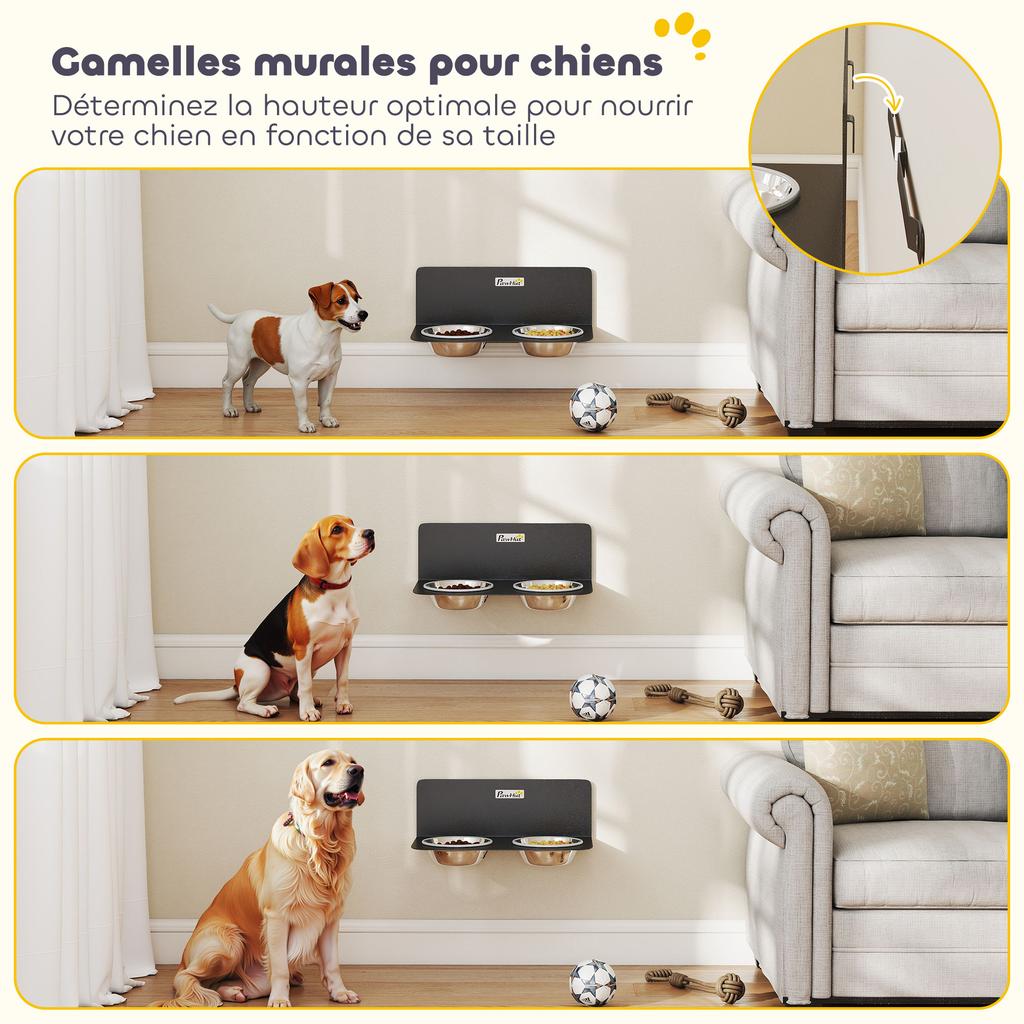 Double Dog Bowl, Wall-Mounted, 2 Bowls, Stainless Steel, 800 ml, 42 x 23.5 x 14 cm, Black