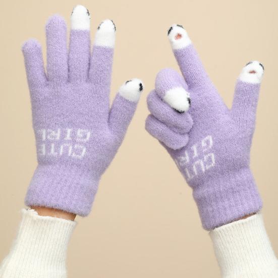 1 Pair Warm Plush Gloves Cutout Finger Tips Thick Plush Funny Cartoon Face Knitted Soft Elastic Anti-slip Warm Touch Screen Cycling Gloves