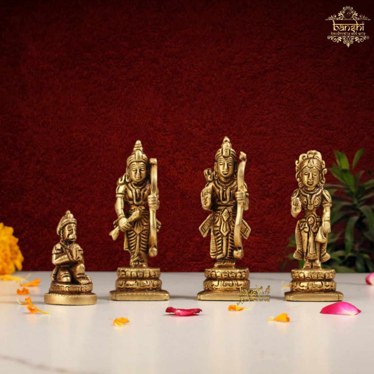 Pure Brass Ram Darbar Statue, Ram Sita Hanuman Lakshman Murti, Brass - 4 Inch