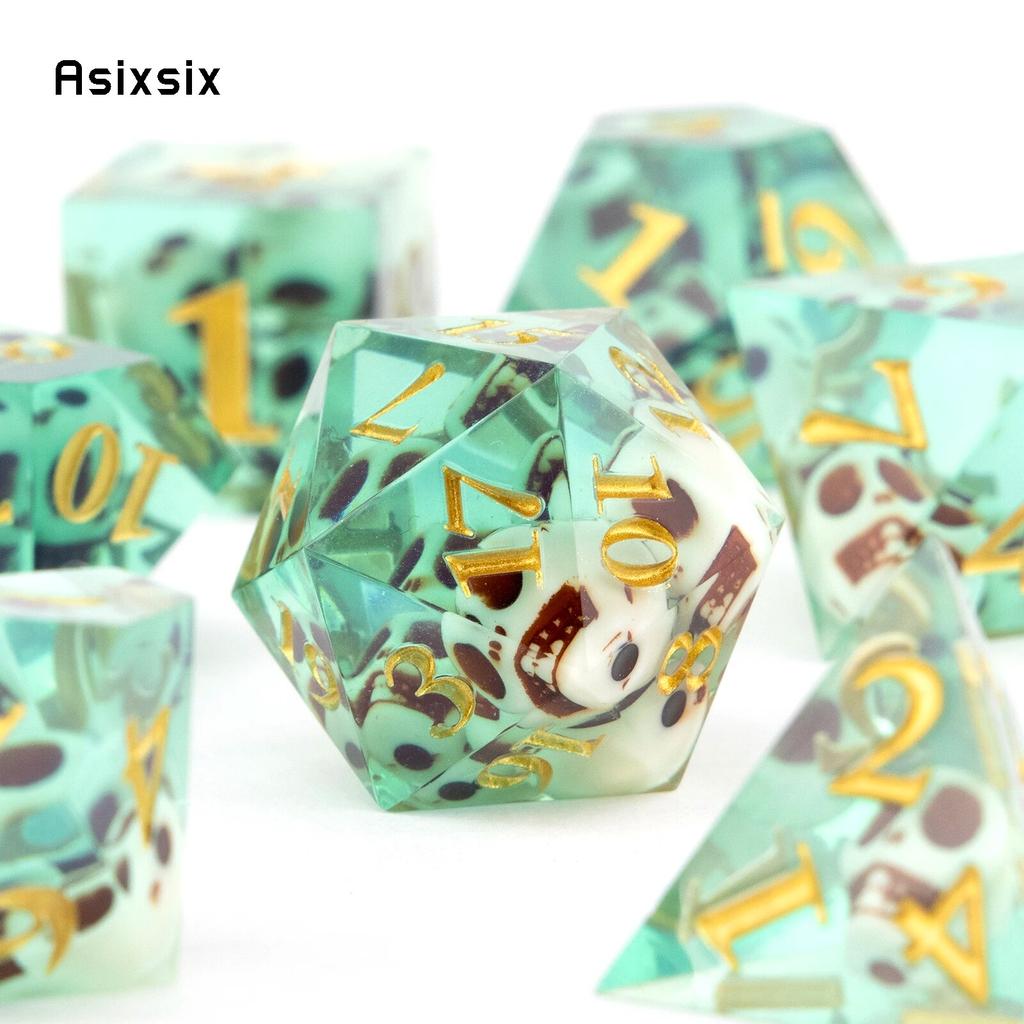 7 Pcs Green Skull Resin Golden Number Sharp Edge Dice Polyhedral Dice Suitable for Role-Playing RPG  Board Game Card Game