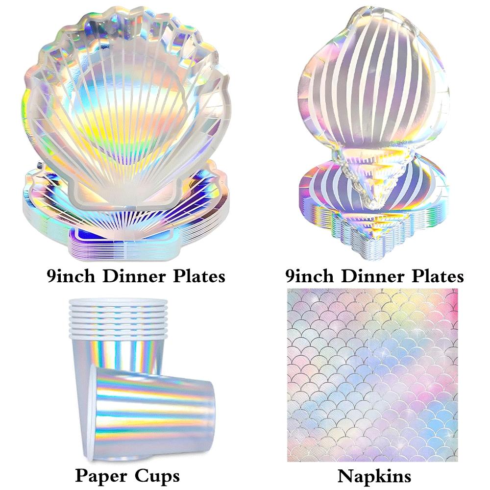 Holographic Mermaid Party Decorations Iridescent Under The Sea Girls Birthday Shell Tableware Plates Cups Tablecloth Baby Shower