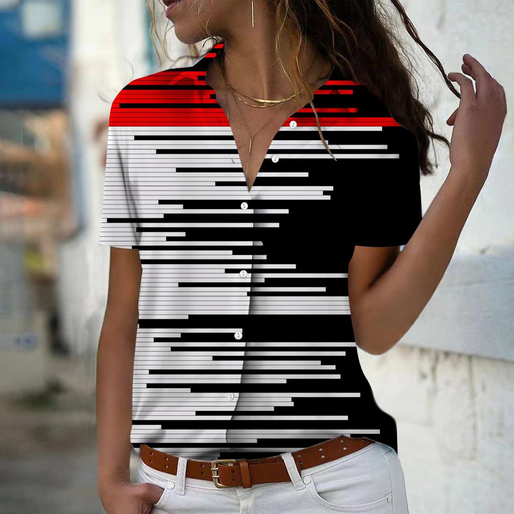 2025 Summer New Fashion Women's Stripe Printed Short Sleeve V-neck Casual Button-down Shirt Top
