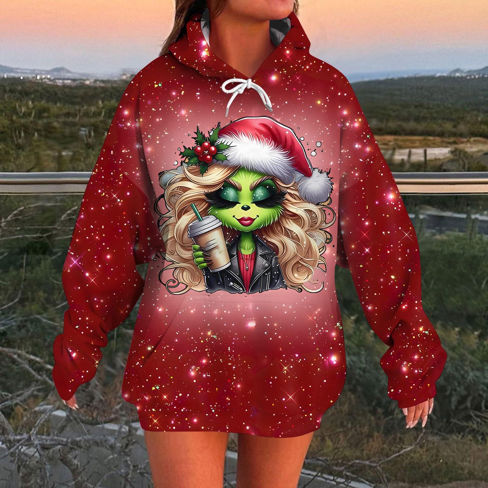 

Жіночий модний пуловер з довгими рукавами та світшот з різдвяним принтом і капюшоном XXXL винний