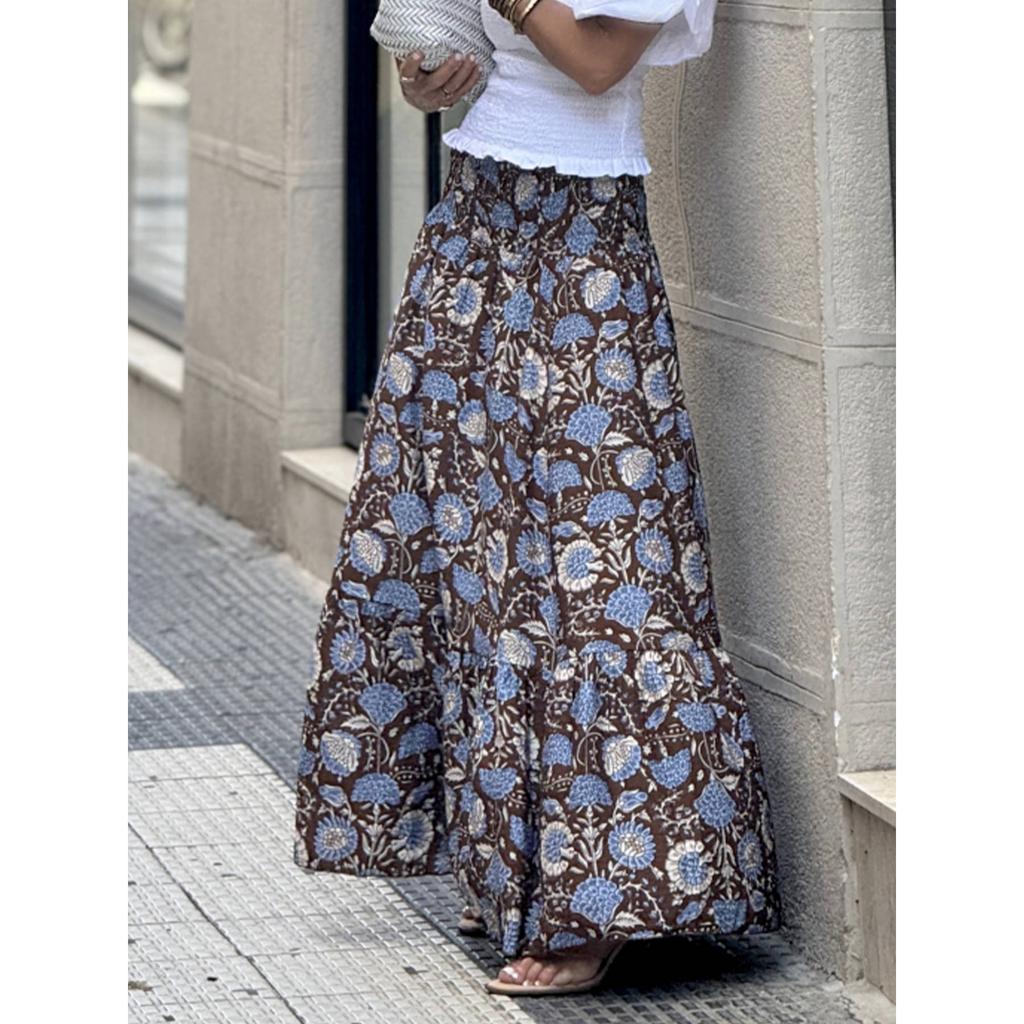 Vintage Floral Printed Tiered Maxi Skirt, High Waist Loose Flowy A-Line Long Skirt, Casual Swing Skirt for Spring Summer Vacation Daily Street Outfits