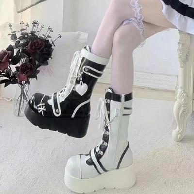 Stivali con Suola Spessa Nuovi Stivali Punk a Mezza Gamba per Donna Europa America Ragazza Carina e Audace Stivale da Motociclista Scarpa Calda Invernale 2024