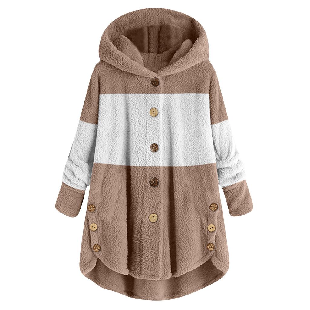 Women's Fashionable Patchwork Loose Hooded Plush Button Long Sleeved Loose Warm Jacket