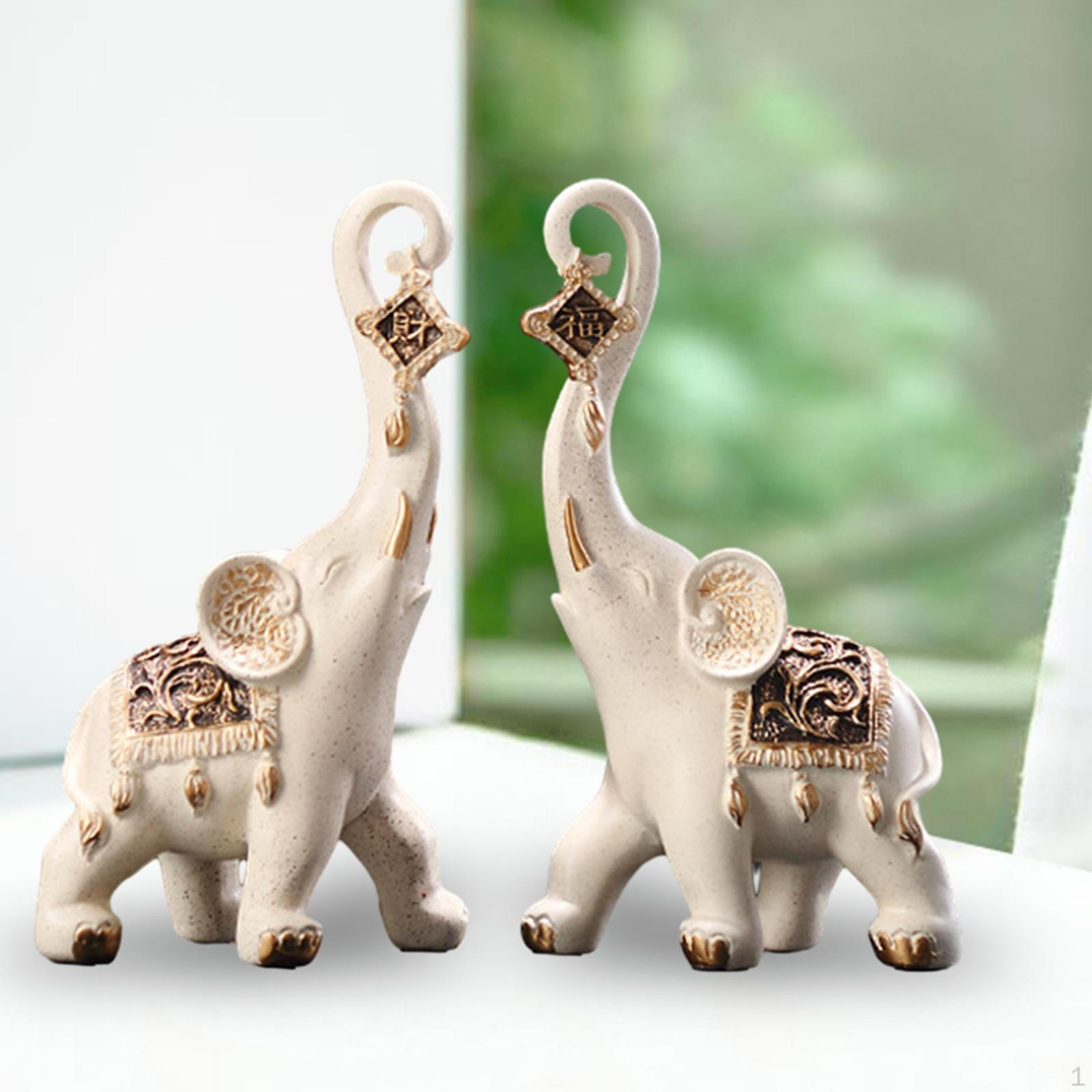 2x Couple Elephant Statues Ornament Collectible Resin Figurine Animal Sculpture for Bookshelf