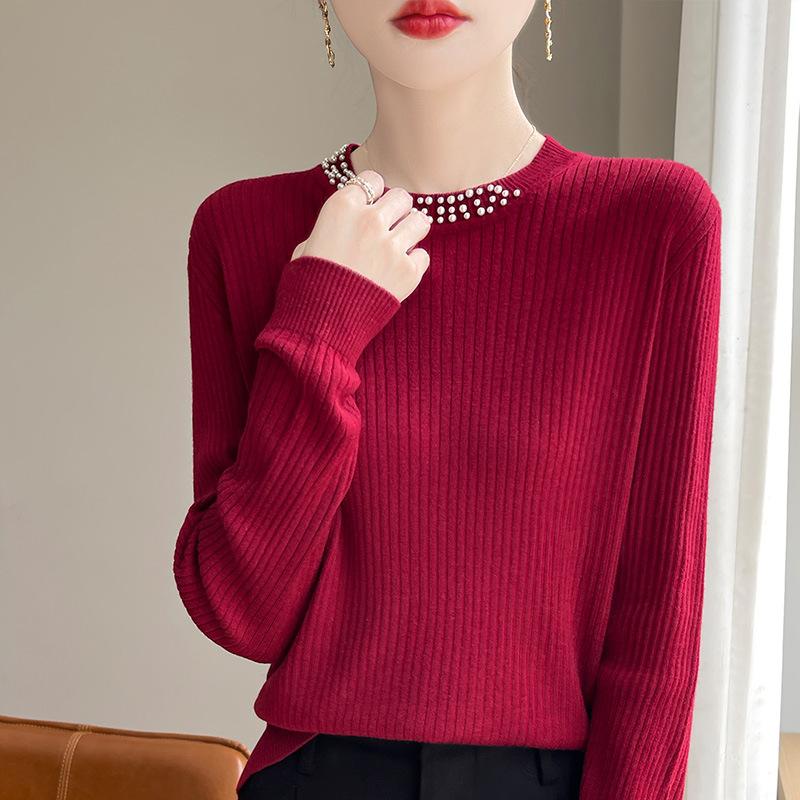 

Light luxury heavy industry bead long-sleeved knitted bottoming shirt women s round neck loose and thin sweater autumn and winter bottoming outer wear M