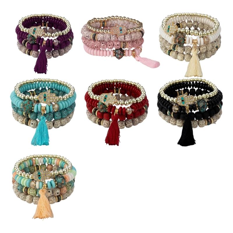 4Pcs Bohemian Styles Bracelet Set for Women with Crystal Hand Tassels Charm and Stone Beads Chain Stylish Outfits