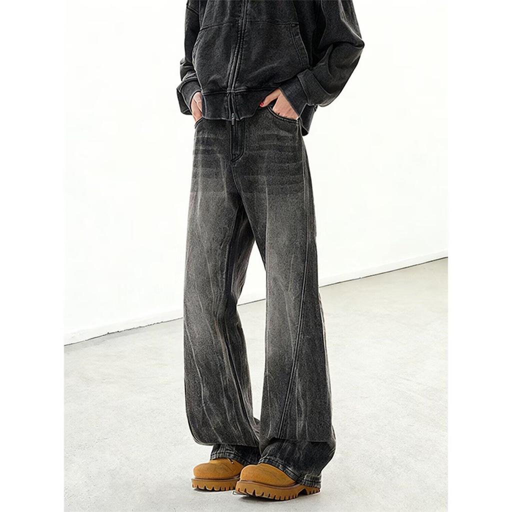 American High Street Washed Old Micro-pull Jeans Splicing Design Semi-elastic Waist Loose Straight Casual Trousers