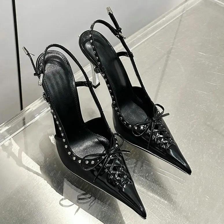 

Мода 2025 Лето Новые Остроносые Кожаные Плетеные Бант Высокие Каблуки Женские Металлический Каблук Заклепка Стилет Носок Сандалии 35 чёрный