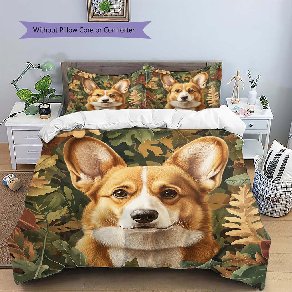 Corgi und Pflanzen Muster Bettwäsche Heimdekoration Geburtstagsgeschenk (1 Bettbezug + 2 Kissenbezüge, ohne Füllung)