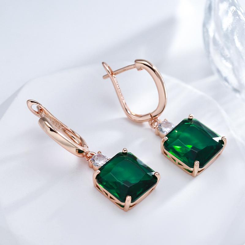 Square Green Stone Long Dangle Earrings For Women  Rose Gold Color With Natural Zircon Accessories Daily Jewelry