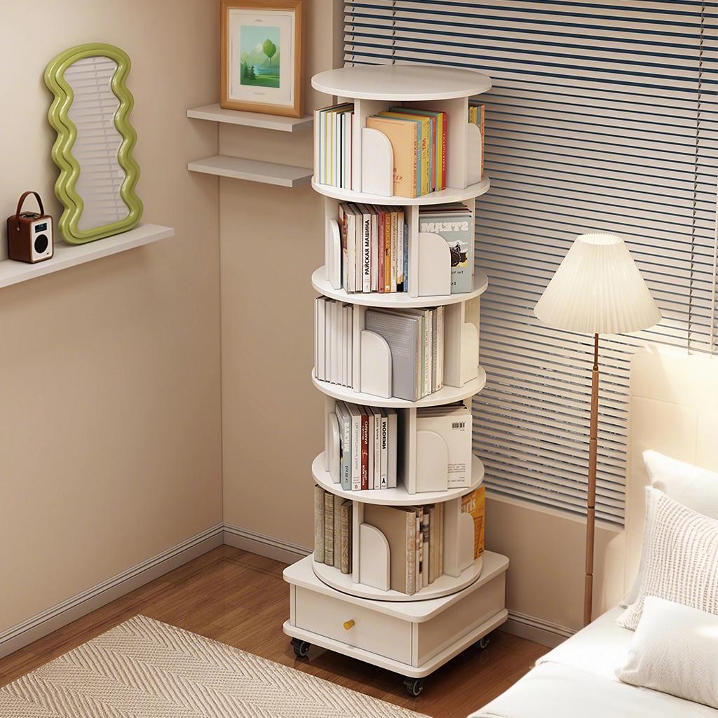 Libreria Rotante a 6 Piani, Scaffale Rotondo a 360 Gradi, Ruote e Cassetto, Scaffale Salvaspazio per Stanze Piccole – Ideale per Camera da Letto, Soggiorno, Casa, Ufficio