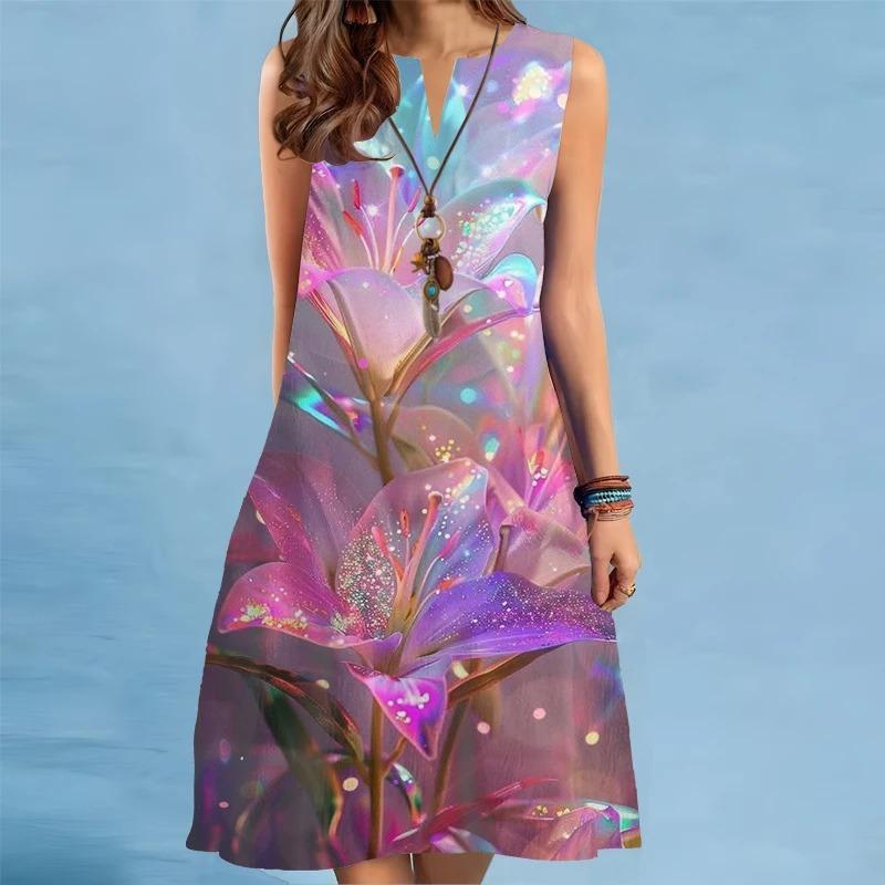 Summer Print A-Line Dress Women Casual Sexy Sleeveless V-neck Loose Mini Dress Elegant Landscape Oil Painting Dress Vestidos