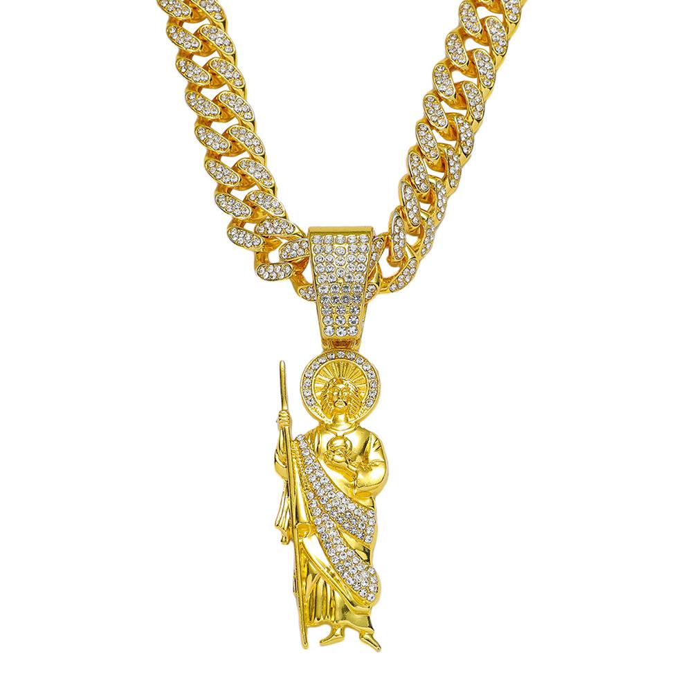 Hip Hop Men Bling Iced Out Crystal Miami Cuban Link Necklace For Women San Judas 13mm Cuban Chain Religious Jewelry Pendant Gift