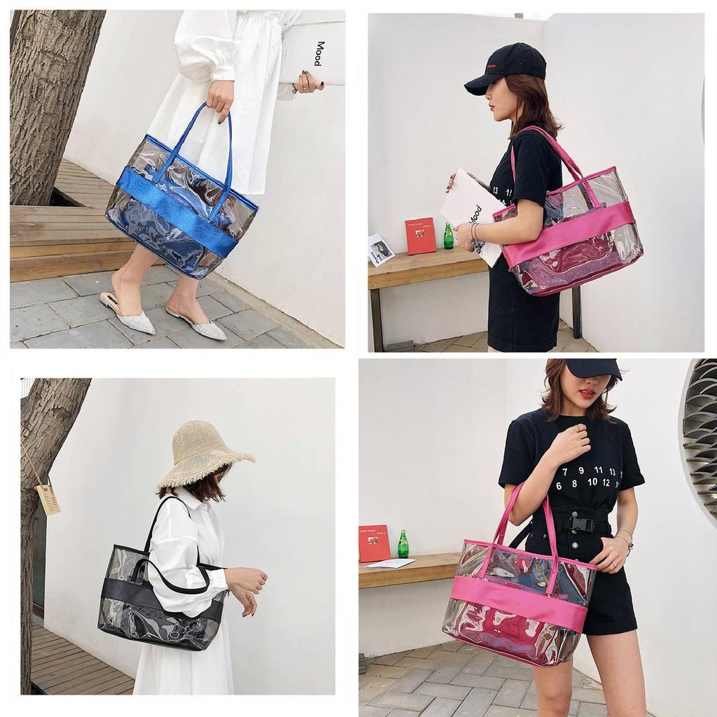Stylish Pvc Transparent Jelly Beach Bag Waterproof Shoulder Bag In Rose Red Blue Gold Brown
