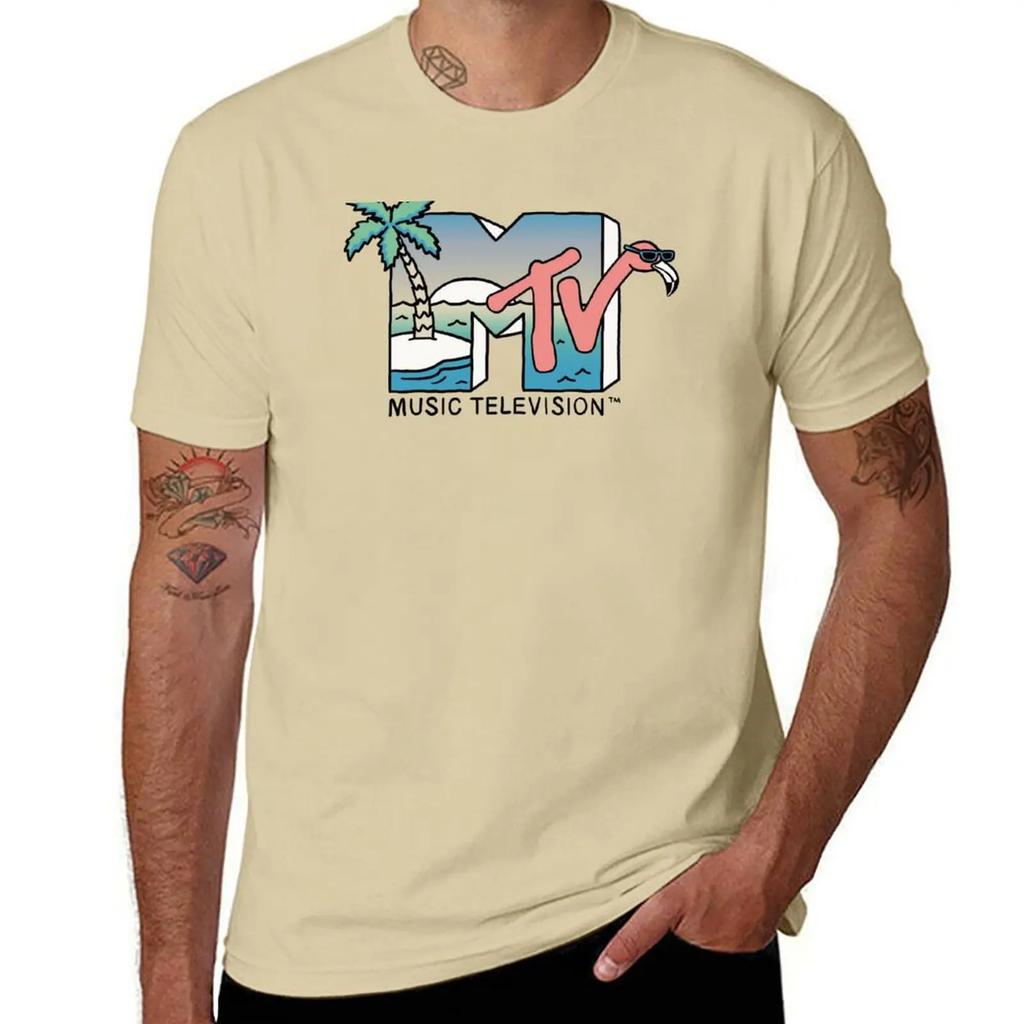 MTV Retro Beach Flamingo Scene Logo TShirt vintage Short sleeve tee cotton graphic tees black t shirts for men