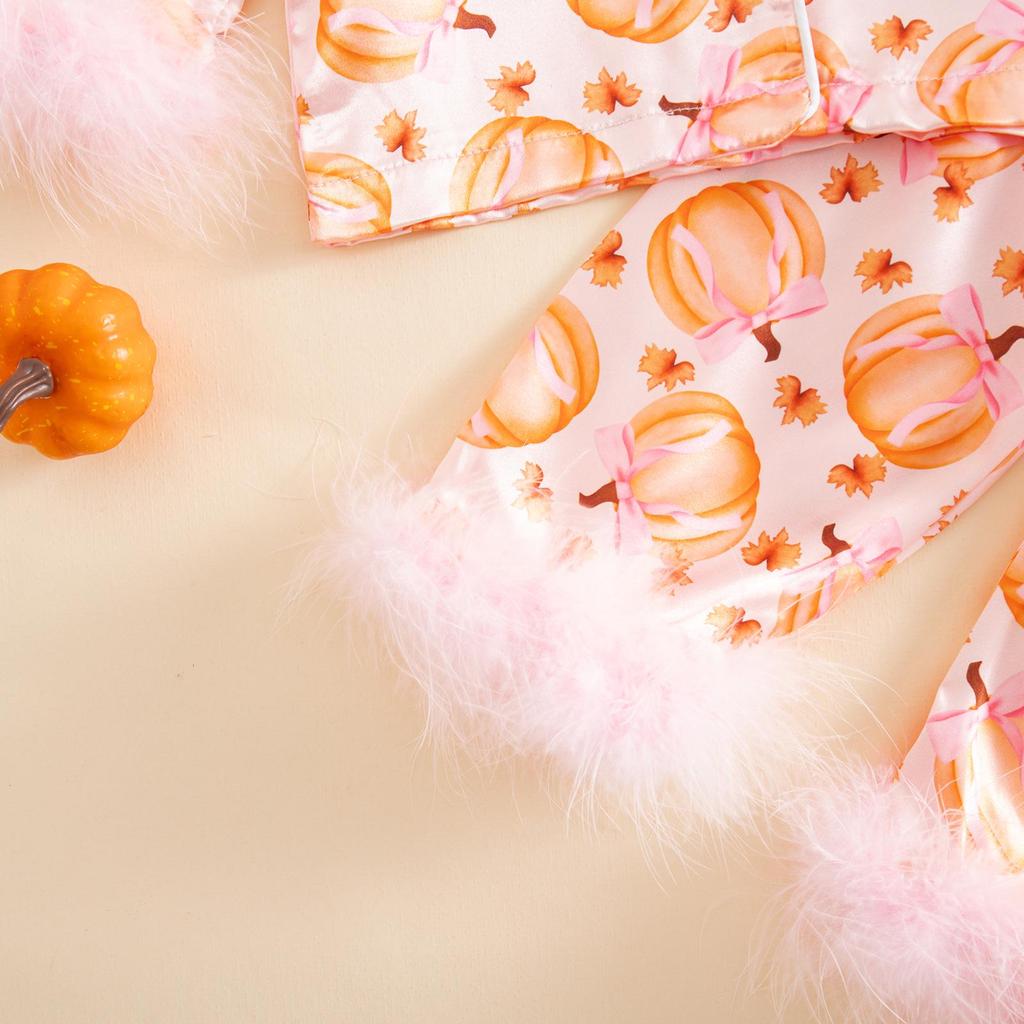 2025 Furry Halloween Pajama Set with Bowknot & Pumpkin Print - Two-Piece Turn-Down Collar Homewear