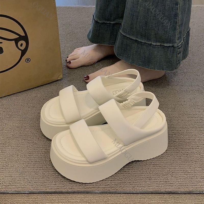 Fashion Summer 2025 Chunky Sandals Women's Wedge Heels Slides 8CM High Heels Leather Casual Woman Beach Thick Bottom Sandales Femmes