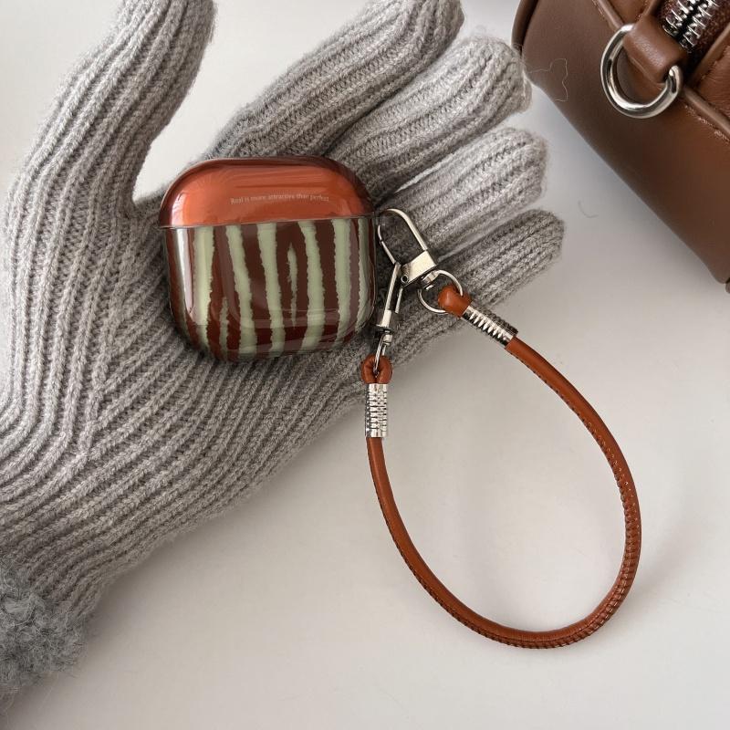 Brown-Green Strips IMD Earphone Case with Lanyard for Airpods Series, Pro3, 1, 2, 3, 4,Pro, Pro2, Dustproof,Anti-fall
