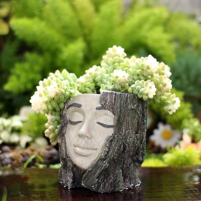 1 Piece of Bark Facial Flower Pot, Creative Imitation Tree Trunk Carved Facial Flower Pot, Home Decoration Statue Flower Pot