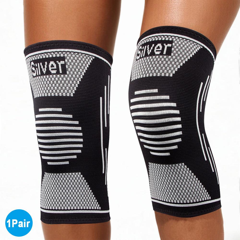

1Pair Silver Fiber Sports Knee Brace, Breathable Knee Compression Sleeves For Running, Basketball, Football, Cycling, Hiking S